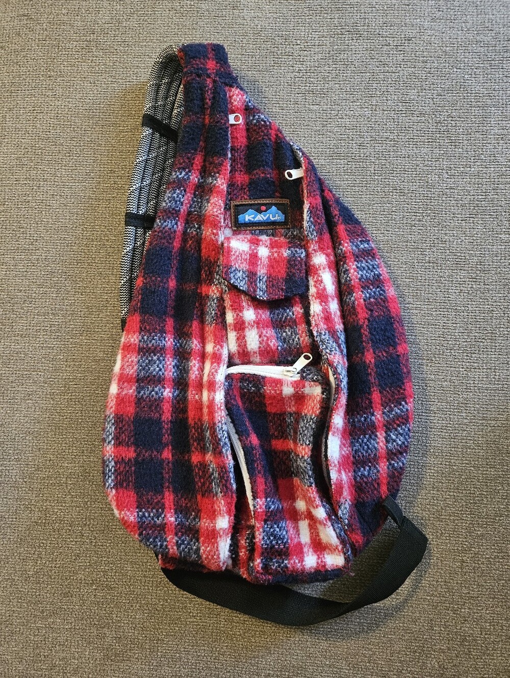 Kavu Red, White, & Blue Plaid Poly-Fleece Rope Sling Bag